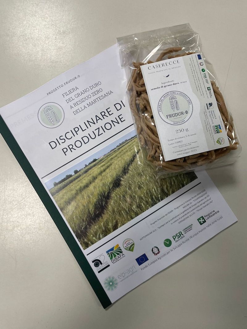 Il Disciplinare di produzione e un sacchetto di pasta ottenuto con il grano duro coltivato nell'ambito del progetto Frudur-0